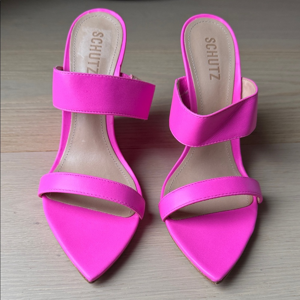 SCHUTZ Neon Pink Pointed-Toe Wedge Slide Sandals - Picture 2 of 5